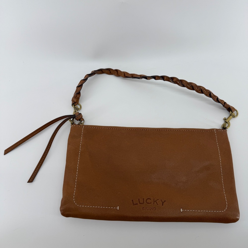 Lucky Brand Cognac Brown Leather Braided Strap Wristlet Clutch Bag